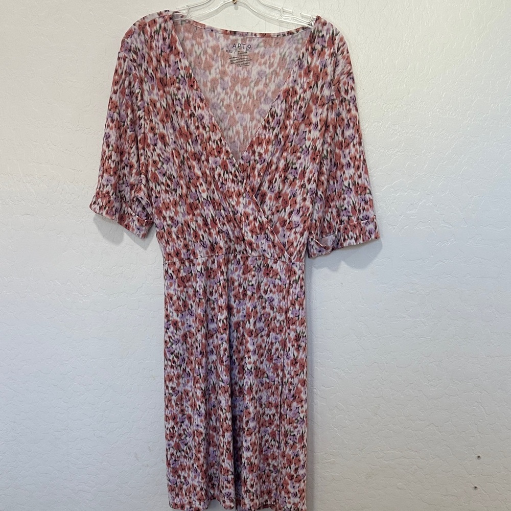 APT. 9 Pink Purple multi Midi Dress abstract v neck women’s‎ plus size XXL wrap